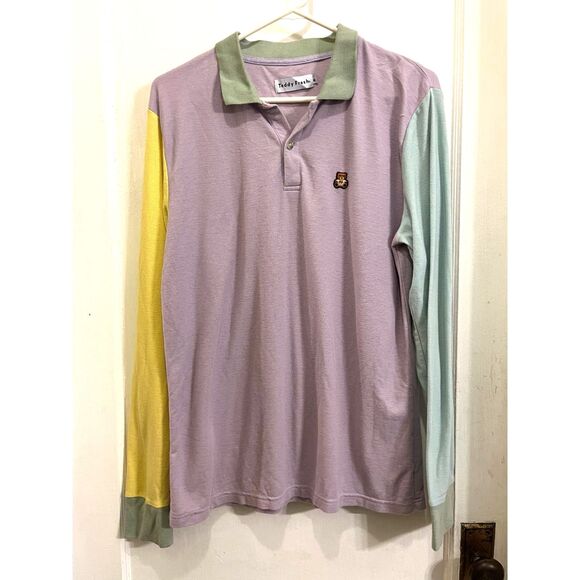 Teddy Fresh Pastel Long Sleeve Pullover Polo Shirt Top   Mens Size Medium - Picture 1 of 8